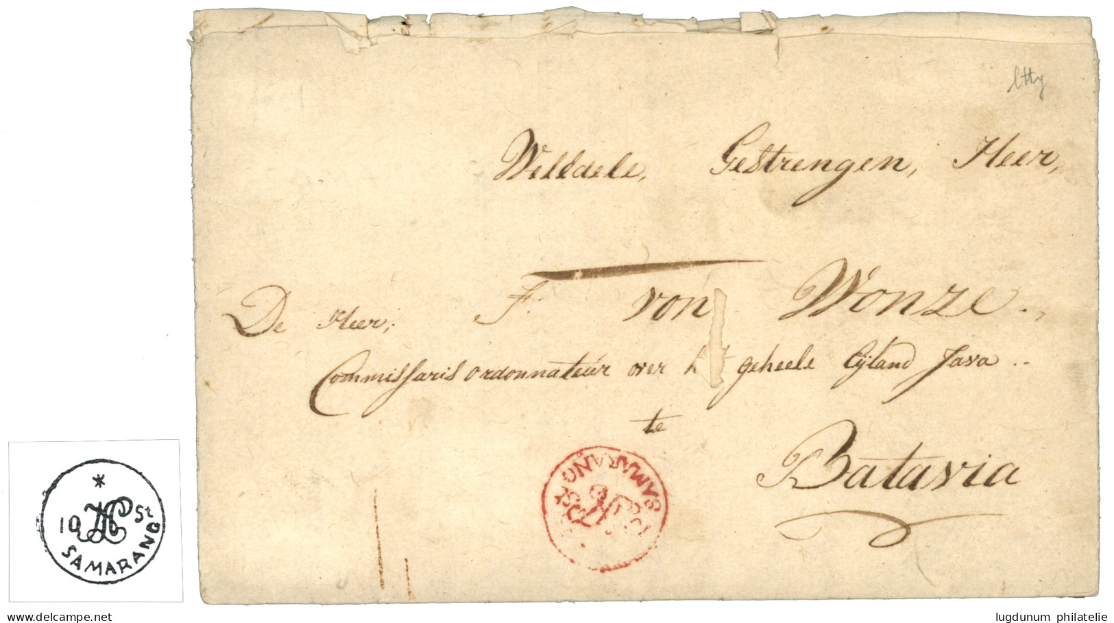 OCCUPATION FRANCAISE Des INDES NEERLANDAISES (1808-1811) : Rarissime Cachet SAMARANG 10 ST. En Rouge (voir Catalogue JAM - Marques D'armée (avant 1900)