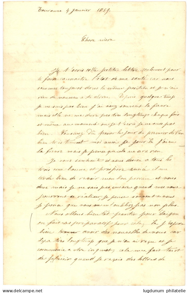 COCHINCHINE - EXPEDITION FRANCO-ESPAGNOLE - Occupation De TOURANE : 1859 Taxe 8 + PAYS ETR. V.SUEZ AMB. F. Sur Lettre Av - Armeestempel (vor 1900)