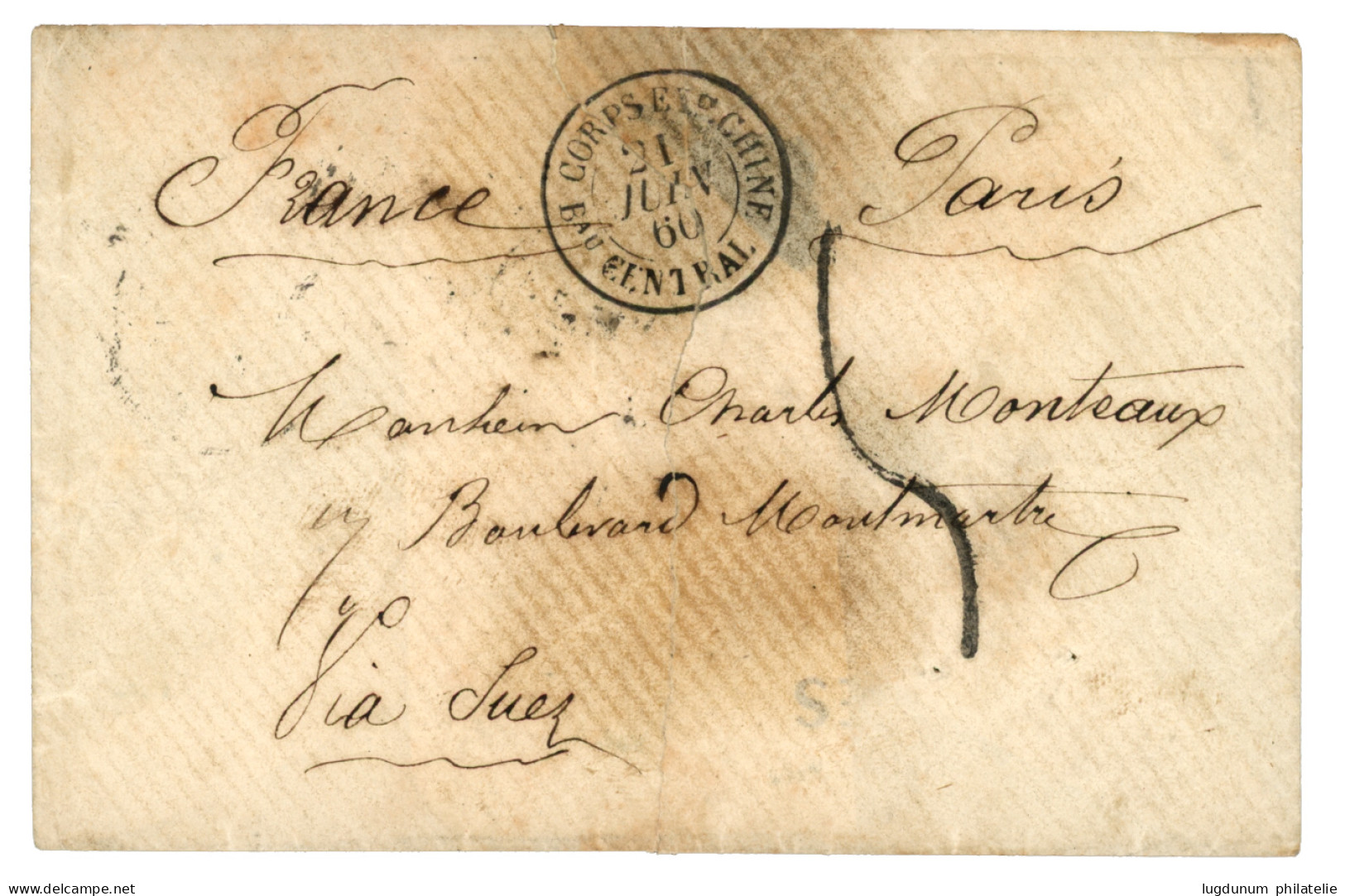 Bureau Central - SHANGHAI : 1860 CORPS EXP. CHINE Bau CENTRAL + Taxe 5 (simple Port Tarif Officier) Sur Enveloppe (déchi - Legerstempels (voor 1900)