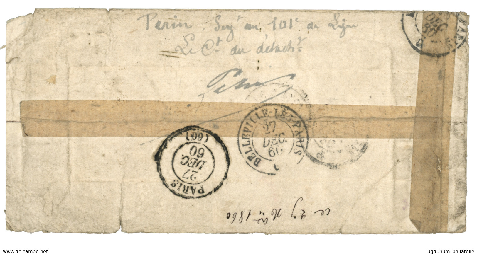 Bureau Central - SHANGHAI : 1860 CORPS EXP. CHINE Bau CENTRAL + Taxe 30 D.T (tarif Soldat) Sur Enveloppe De MANDARIN Con - Army Postmarks (before 1900)