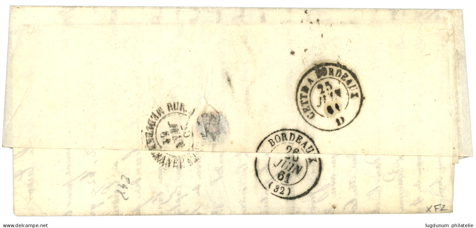 BUREAU A - SAIGON : 1861 CORPS EXP. CHINE Bau A + Taxe 5 (tarif Officier) Sur Lettre Avec Texte Daté "SAIGON" Pour BORDE - Army Postmarks (before 1900)