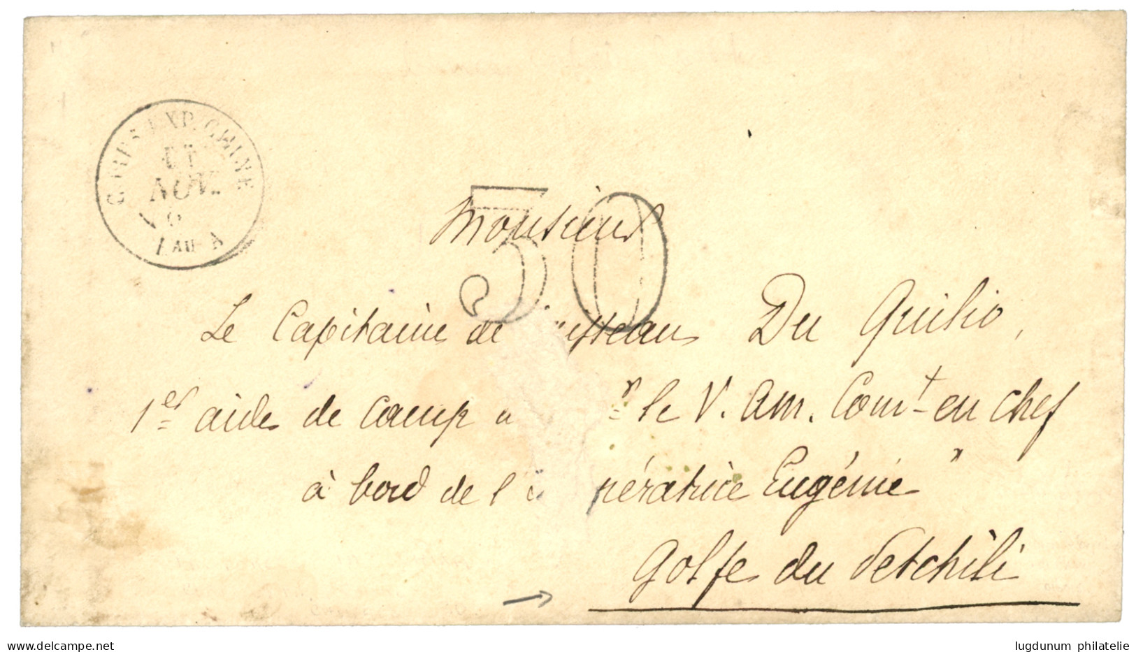 BUREAU A - SAIGON Pour Le GOLFE Du PETCHILI : 186€ CORPS EXP. CHINE Bau A + Taxe 30 D.T. Sur Enveloppe (pd) Pour "L' IMP - Army Postmarks (before 1900)