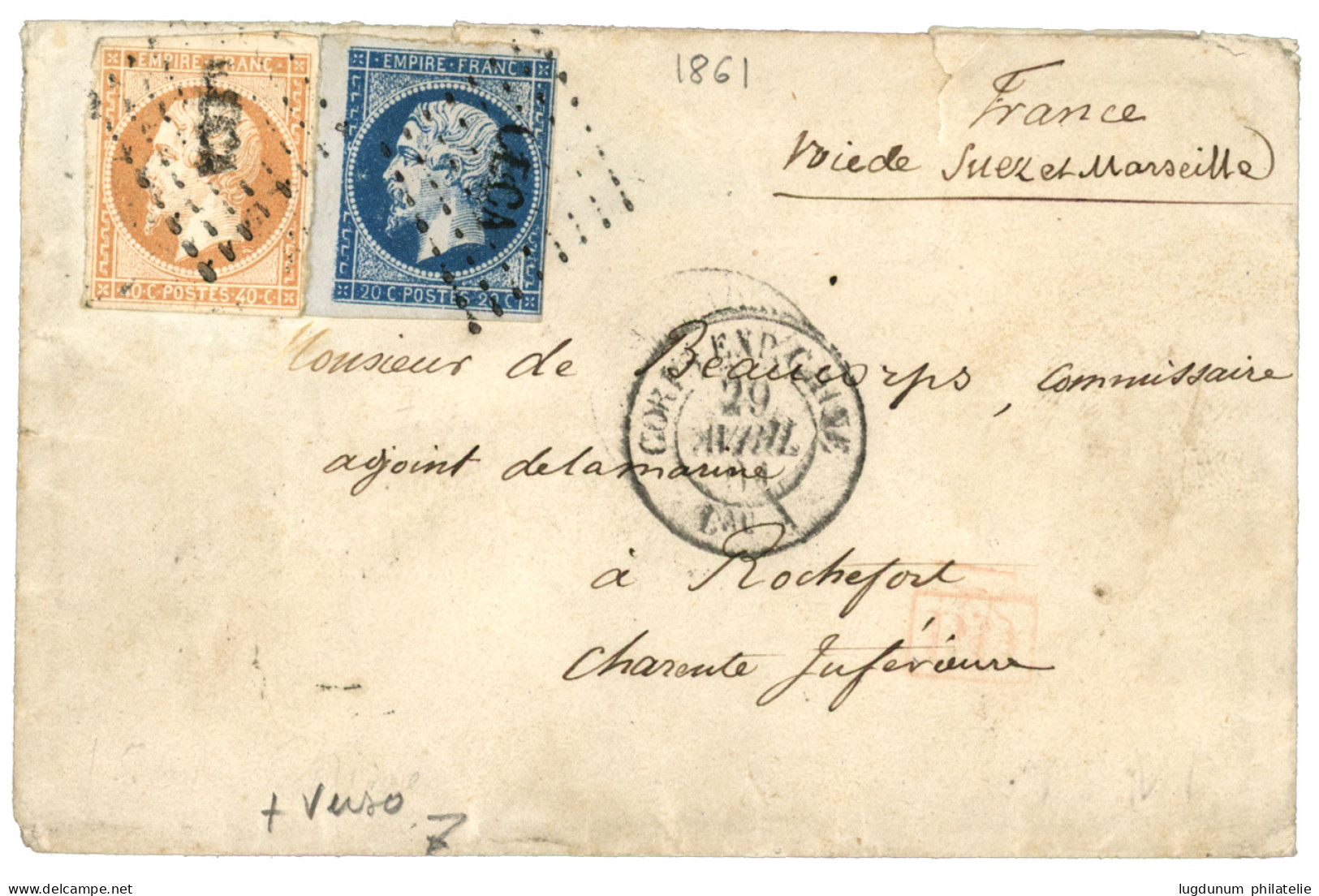 BUREAU A - SAIGON : 1861 20c (n°14) + 40c (n°16) Obl. CECA + CORPS EXP. CHINE Bau A Sur Enveloppe Pour La FRANCE. Verso, - Armeestempel (vor 1900)