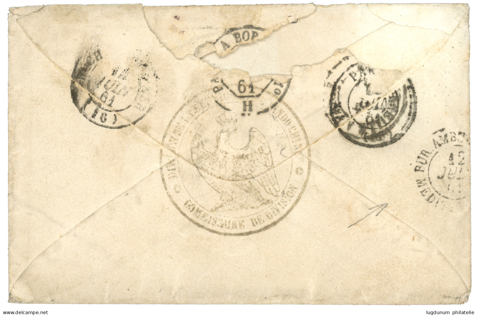 BUREAU A - SAIGON : 1861 20c (n°14) + 40c (n°16) Obl. CECA + CORPS EXP. CHINE Bau A Sur Enveloppe Pour La FRANCE. Verso, - Army Postmarks (before 1900)