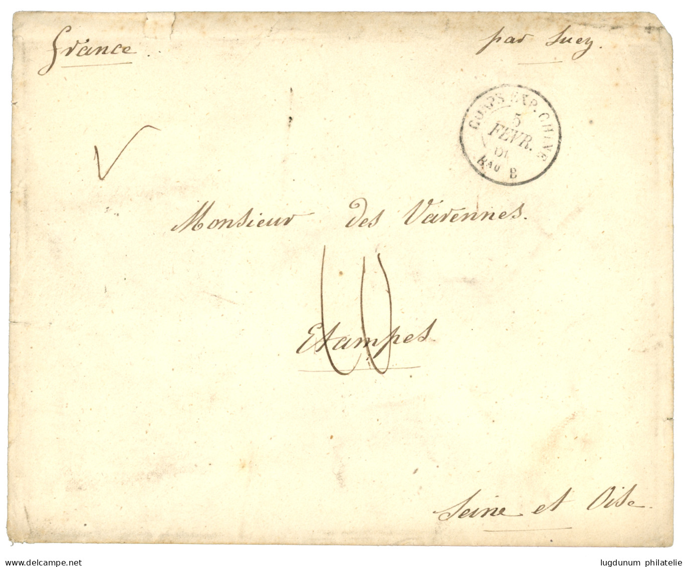 BUREAU B - TIENTSIN  (nov 60 à Nov 61) : 1861 CORPS EXP. CHINE Bau B + Taxe 10 (tarif Officier Double Port) Sur Lettre A - Armeestempel (vor 1900)