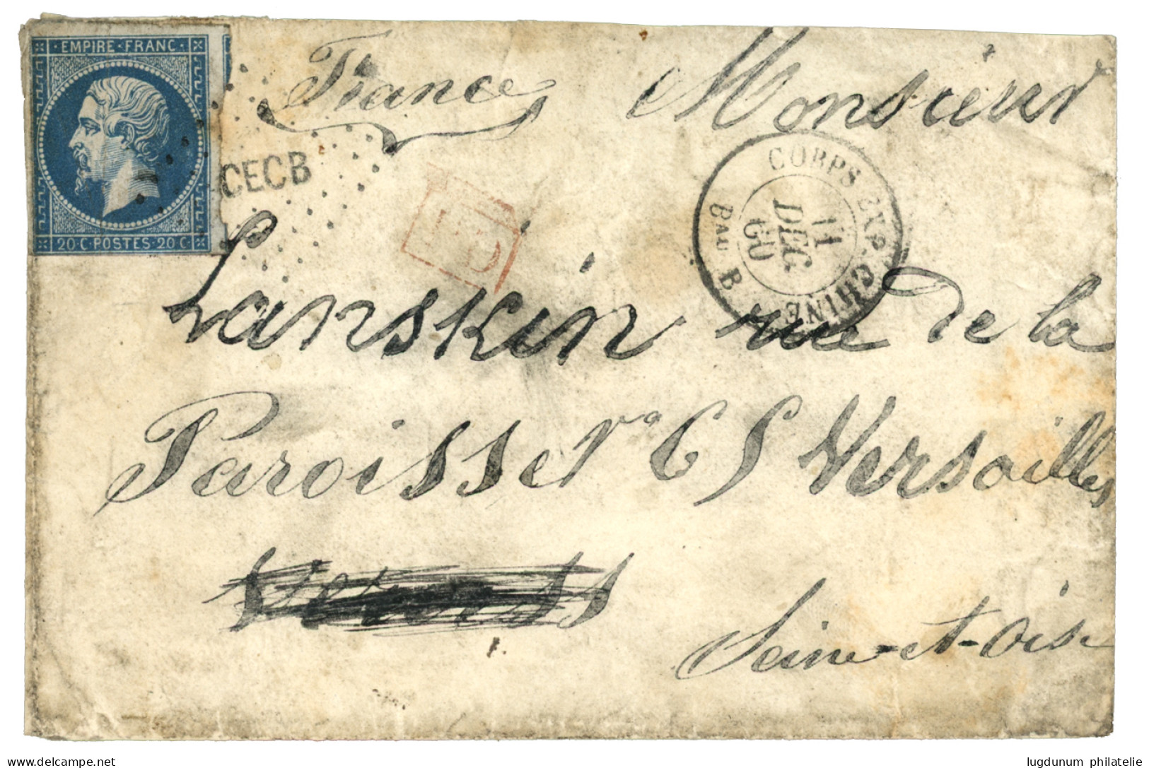 BUREAU B - TIENTSIN (nov 60 à Nov 61): 1860 20c (n°14) Obl. CECB + CORPS EXP. CHINE Bau B 11 Dec 60  Sur Enveloppe Pour  - Army Postmarks (before 1900)