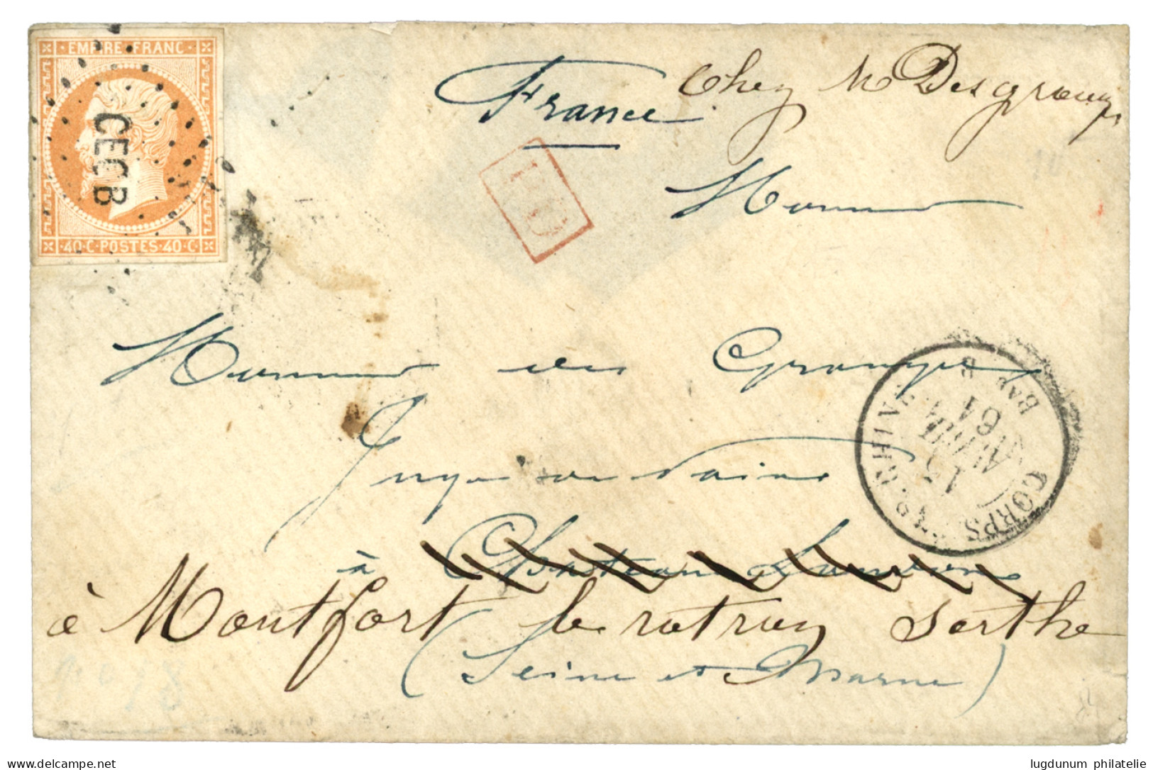 BUREAU B - TIENTSIN (nov 60 à Nov 61): 1861 40c (n°16) TTB Margé Obl. CECB + CORPS EXP. CHINE Bau B Sur Enveloppe (tarif - Legerstempels (voor 1900)