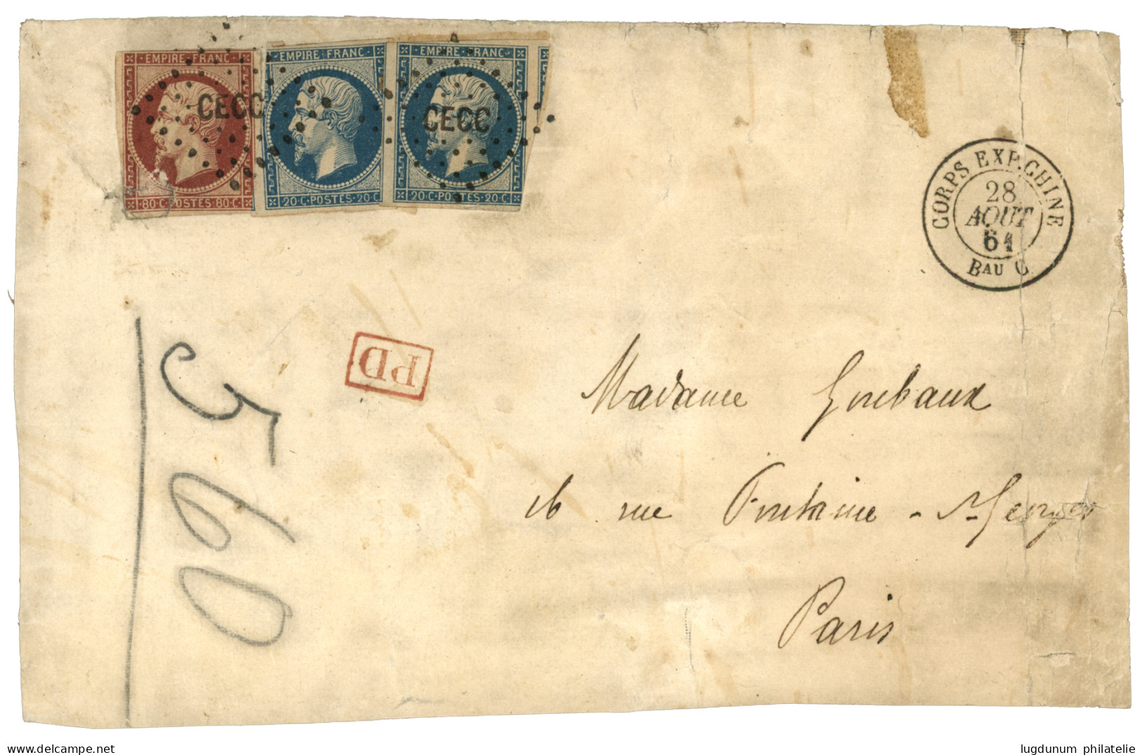 BUREAU  C - CANTON : 1861 20c (n°14)x2 Pd + 80c (n°17) Défectueux Obl.  CECC + CORPS EXP. CHINE Bau C Sur DEVANT De Paqu - Army Postmarks (before 1900)