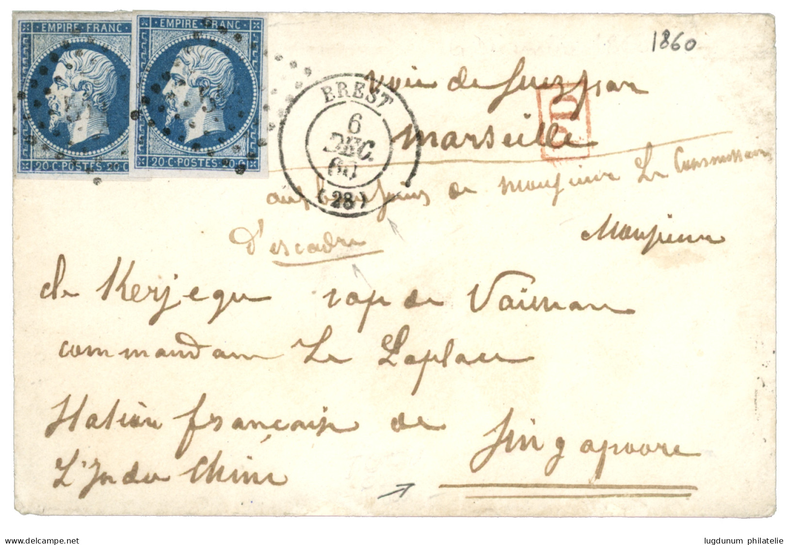 STATION FRANCAISE De SINGAPOUR : 1860 20c (n°14)x2 Sur Lettre De BREST Pour STATION FRANCAISE DE L' INDOCHINE à SINGAPOU - Armeestempel (vor 1900)