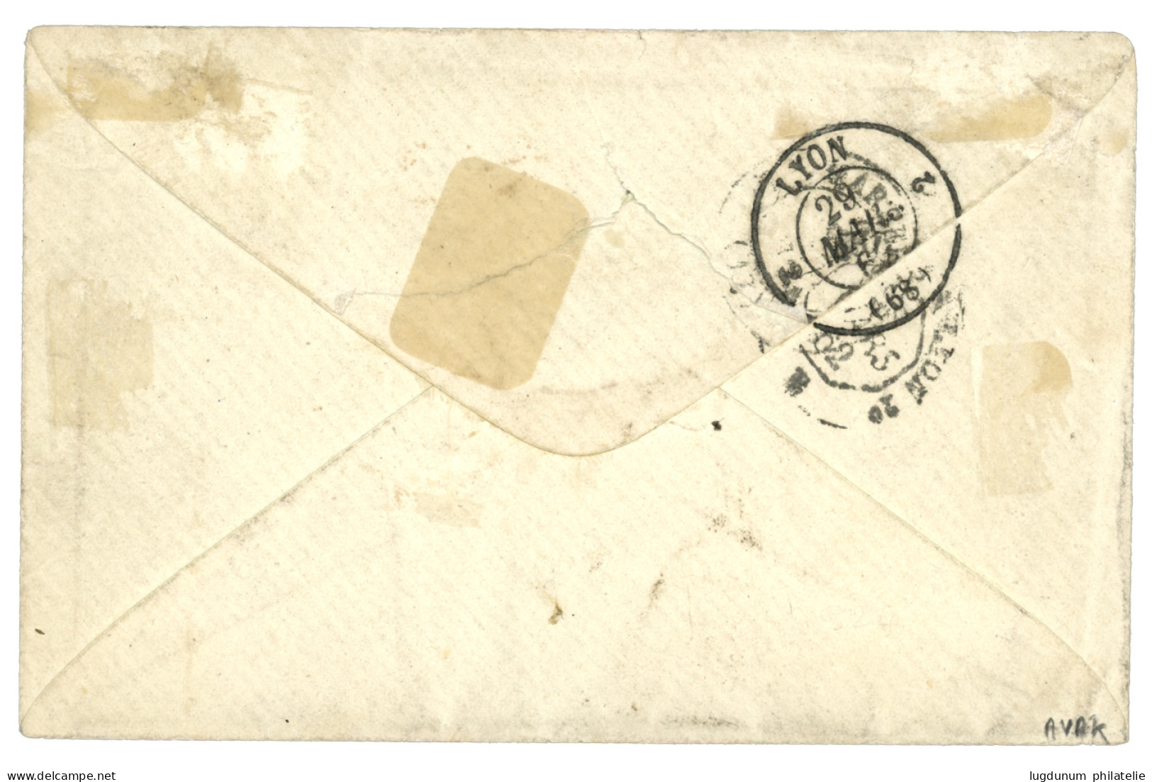 BUREAU  D - SINGAPOUR : 1862 CORPS EXP. CHINE Bau D + Taxe 5 (tarif Officier) Sur Enveloppe Pour LYON. Les Lettres Du BU - Legerstempels (voor 1900)