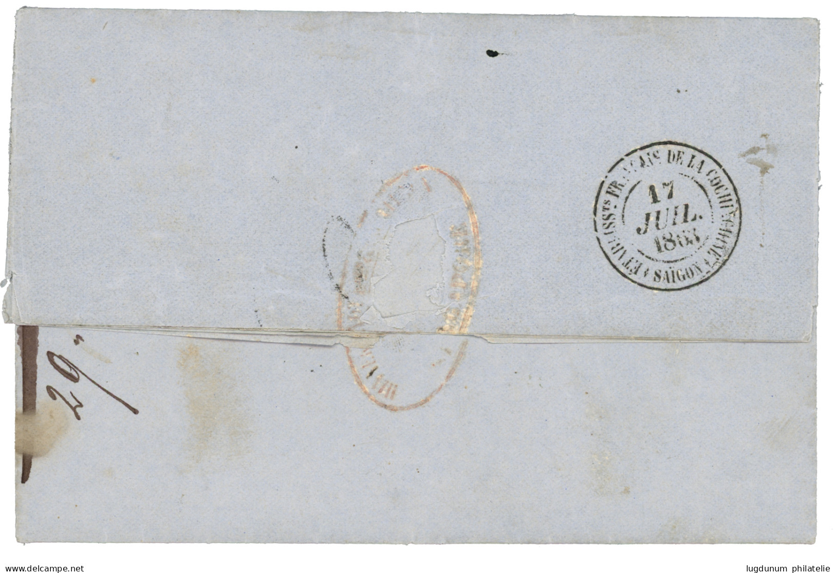 SINGAPOUR Pour SAIGON : 1863 Rare Grand Cachet ETABLISSEMENTS FRANCAIS DE LA COCHINCHINE SAIGON (verso) + Taxe 6 + "Per  - Armeestempel (vor 1900)