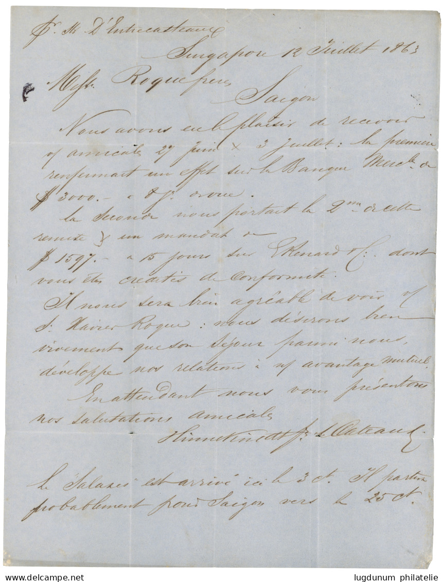 SINGAPOUR Pour SAIGON : 1863 Rare Grand Cachet ETABLISSEMENTS FRANCAIS DE LA COCHINCHINE SAIGON (verso) + Taxe 6 + "Per  - Legerstempels (voor 1900)