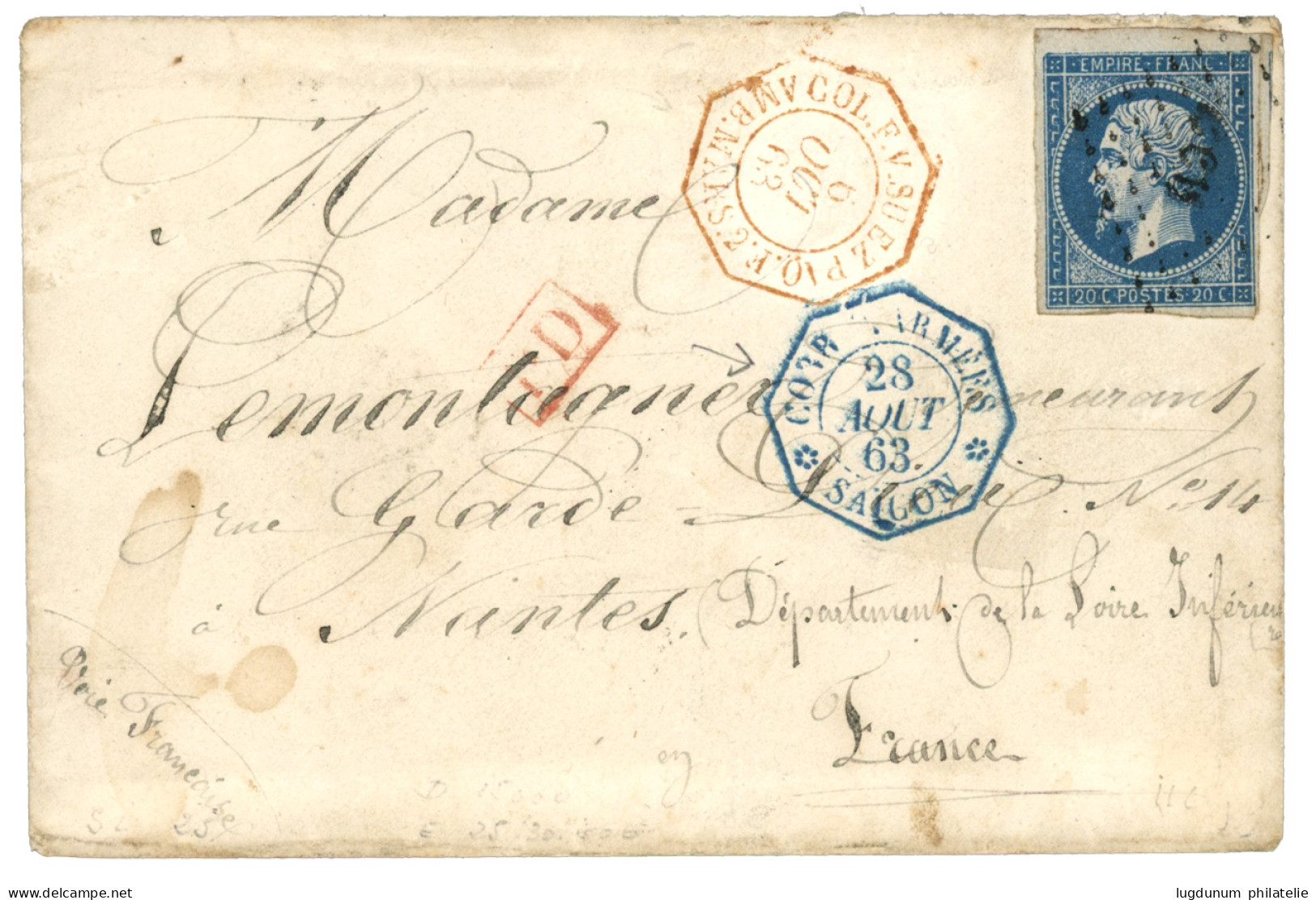 EXPEDITION De COCHINCHINE : 1863 FRANCE 20c (n°14) Obl. CCH + COR. D'ARMEES SAIGON En Bleu Sur Enveloppe Pour La FRANCE. - Marques D'armée (avant 1900)