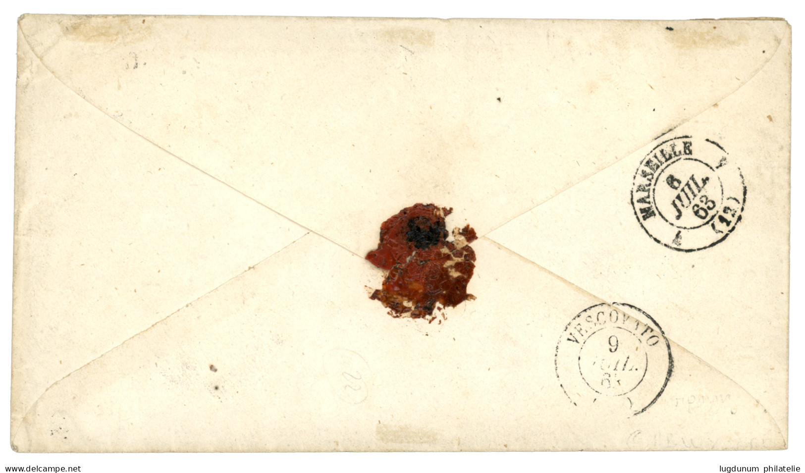 EXPEDITION De COCHINCHINE : 1863 FRANCE 10c (n°13)x2 Obl. CCH + COR. D'ARMEES SAIGON En Bleu + Grand Cachet ETABLISSEMEN - Bolli Militari (ante 1900)