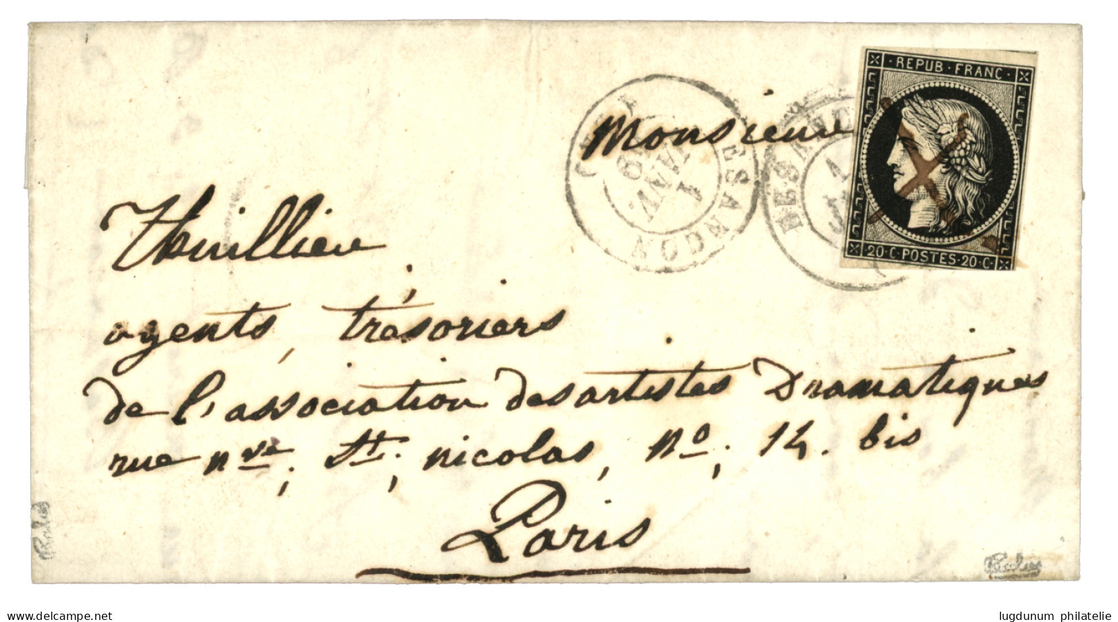 1 JANVIER 1849 : 20c Noir (n°3) Touché En Bas Obl. Plume + Cachet Type 15 BESANCON 1 JANV. 49 Sur Lettre Avec Texte Pour - 1849-1850 Ceres