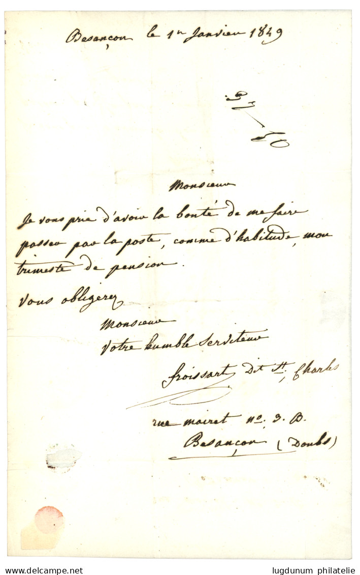 1 JANVIER 1849 : 20c Noir (n°3) Touché En Bas Obl. Plume + Cachet Type 15 BESANCON 1 JANV. 49 Sur Lettre Avec Texte Pour - 1849-1850 Cérès