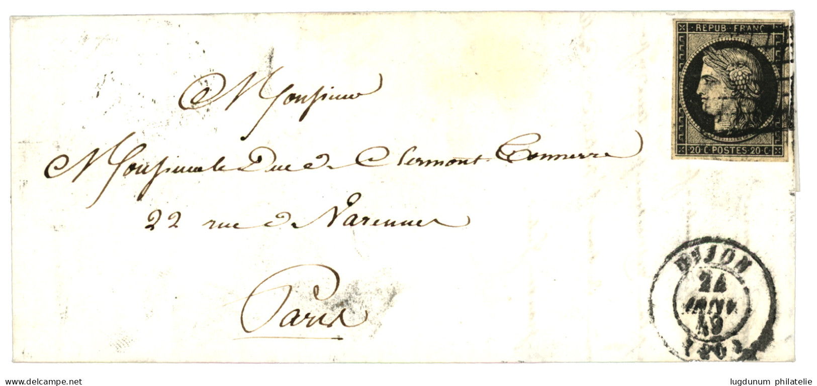 24 JANVIER 49 : 20c (n°3) TB Margé Obl. Grille + T.15 DIJON 24 Janv. 49 Sur Lettre Avec Texte. TTB. - 1849-1850 Cérès
