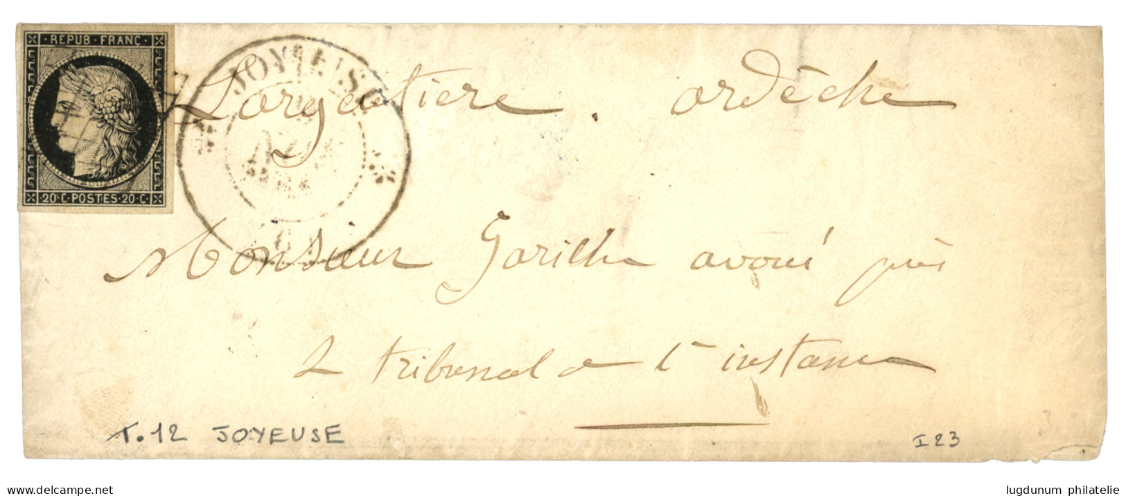 1849 20c Noir (n°3) TTB Margé Obl. Grille + T.12 JOYEUSE Sur Enveloppe Pour LARGENTIERE (arrivée T.14 LARGENTIERE 3 Nov  - 1849-1850 Cérès