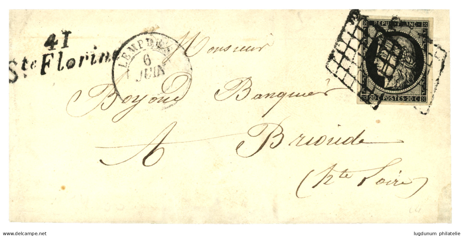 1849 20c (n°3) TTB Margé Obl. Grille + Cursive 41 STe FLORINE + T.15 LEMPDES Sur Lettre Pour BRIOUDE. TTB. - 1849-1850 Ceres