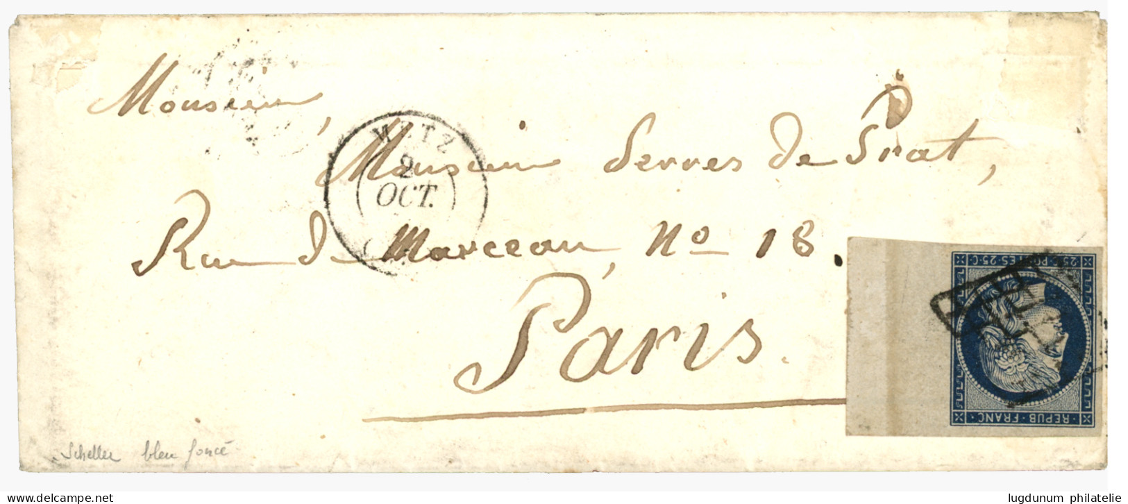 1850 25c CERES (n°4a) Bleu Fonçé Avec Exceptionnel Bord De Feuille Intégral Avec Vernis De Sureté Obl. Grille + T.15 MET - 1849-1850 Cérès