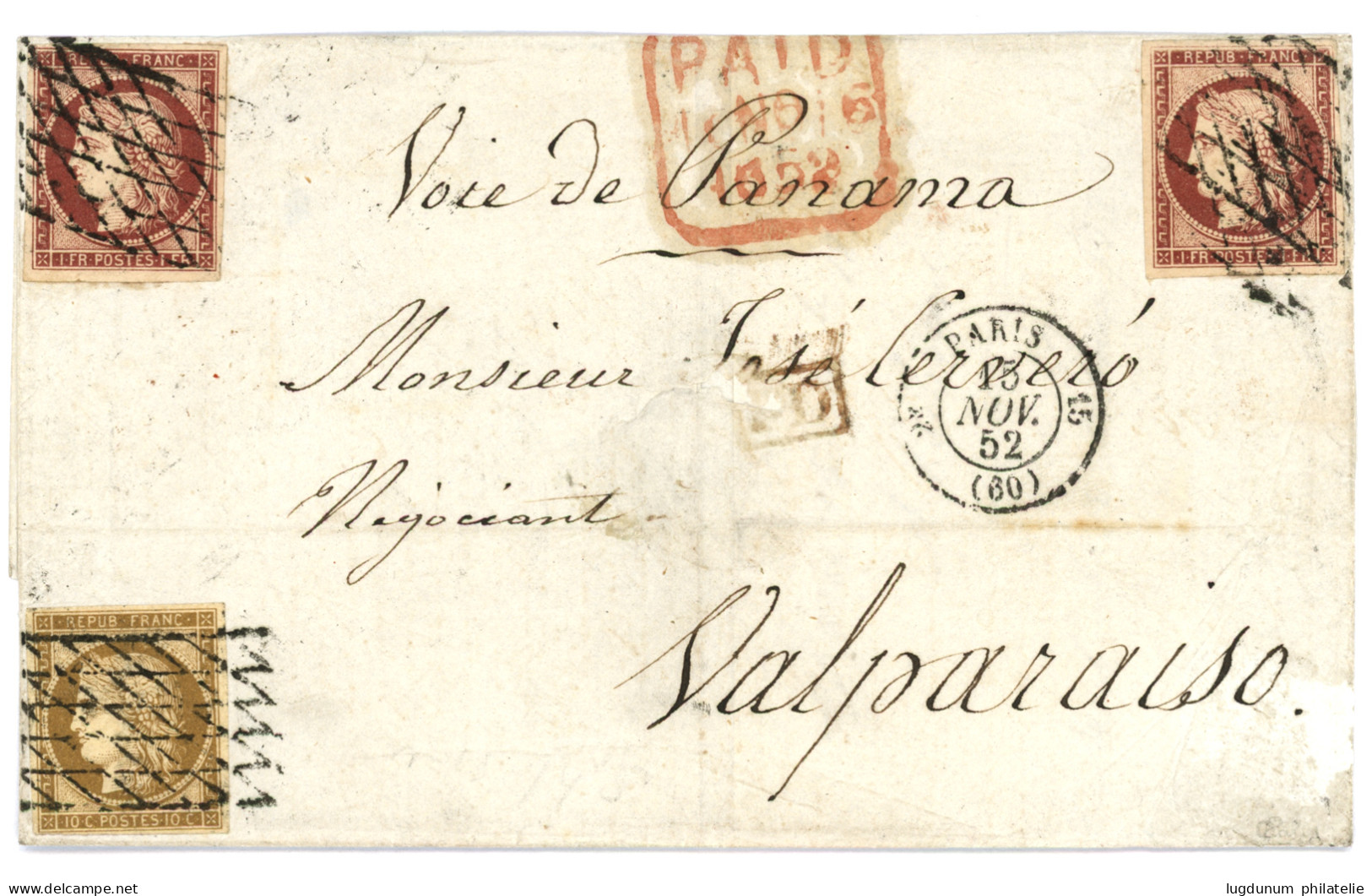 1852 10c (n°1) + 1F (n°6) X2 Tous TB Margés Obl. Grille Sans Fin Sur Lettre De PARIS Pour VALPARAISO (CHILI). Tarif Rare - 1849-1850 Cérès