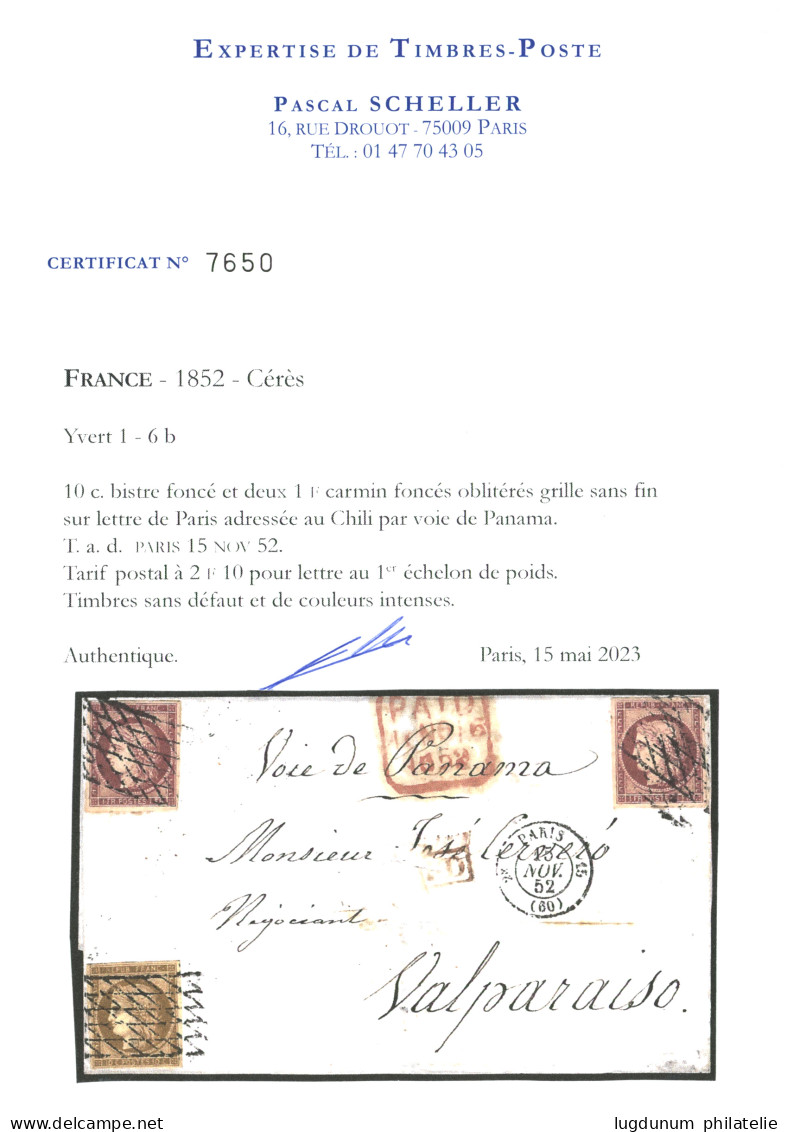 1852 10c (n°1) + 1F (n°6) X2 Tous TB Margés Obl. Grille Sans Fin Sur Lettre De PARIS Pour VALPARAISO (CHILI). Tarif Rare - 1849-1850 Cérès