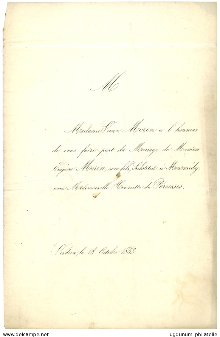 1853 Magnifique Paire Du 10c PRESIDENCE (n°9) Obl. PC 3255 + T.15 VERDUN-S-MEUSE Sur Imprimé (faire Part De Mariage) Com - 1852 Luigi-Napoleone