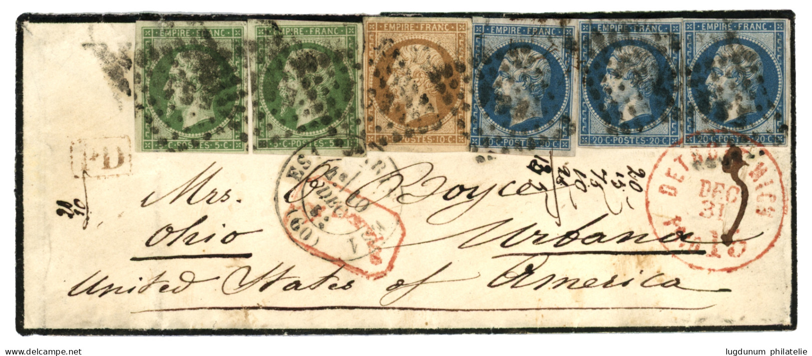 1861 5c (n°12)x2 TB Margés + 10c (n°13) TB Margé+ 20c N°14x3 (1 Timbre Pd Les 2 Autres TB Margés) Obl. ES Sur Lettre De  - 1853-1860 Napoleon III