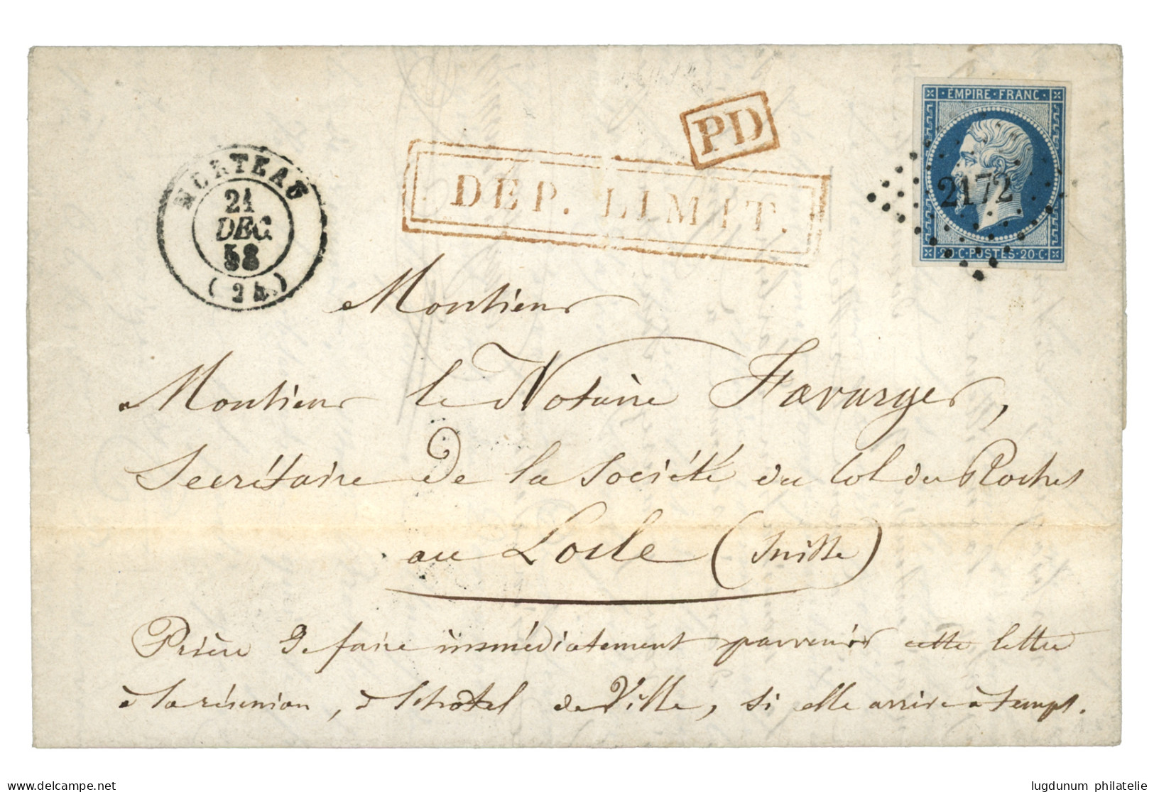 DEPARTEMENT LIMITROPHE : 1858 20c (n°14) TB Margé Obl. PC 2172 + T.15 MORTEAU + Cachet Encadré DEP. LIMIT. Sur Lettre Av - 1853-1860 Napoléon III