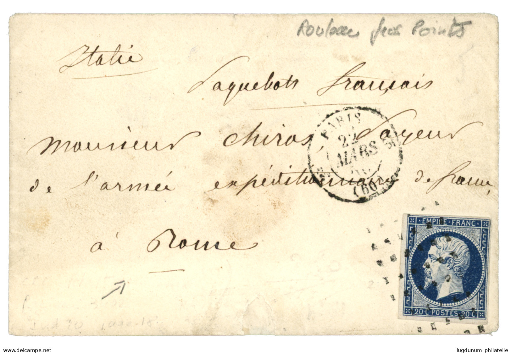 1860 20c (n°14) Obl. Rouleau De GROS POINTS + PARIS Sur Enveloppe Pour L' ARMEE EXPEDITIONNAIRE De FRANCE à ROME (ITALIE - 1853-1860 Napoléon III.