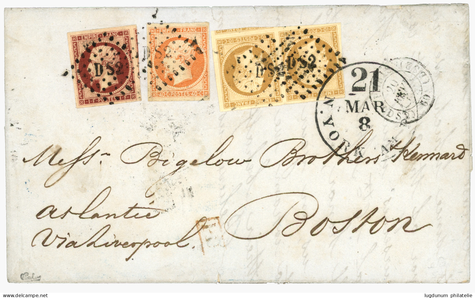 1854 1F EMPIRE Carmin Foncé (n°18a) + Paire 10c (n°13) + 40c (n°16) Obl. DS2 Sur Lettre De PARIS Pour BOSTON (ETATS-UNIS - 1853-1860 Napoleon III