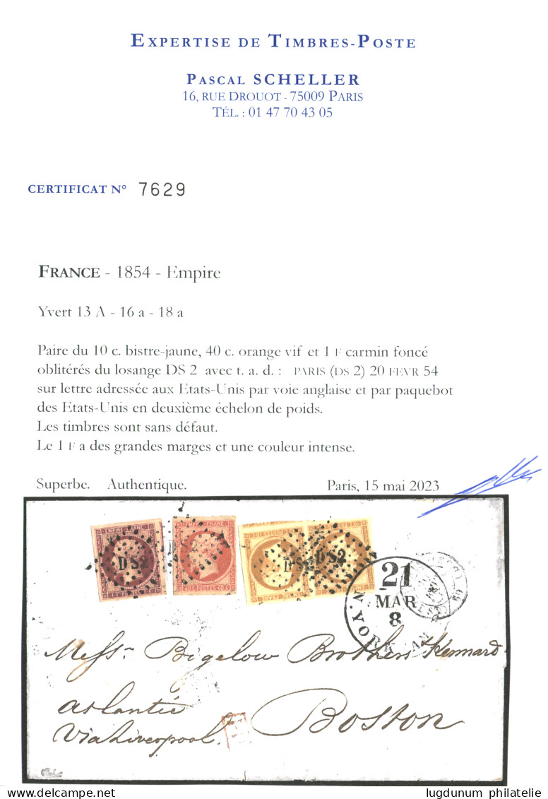 1854 1F EMPIRE Carmin Foncé (n°18a) + Paire 10c (n°13) + 40c (n°16) Obl. DS2 Sur Lettre De PARIS Pour BOSTON (ETATS-UNIS - 1853-1860 Napoléon III.