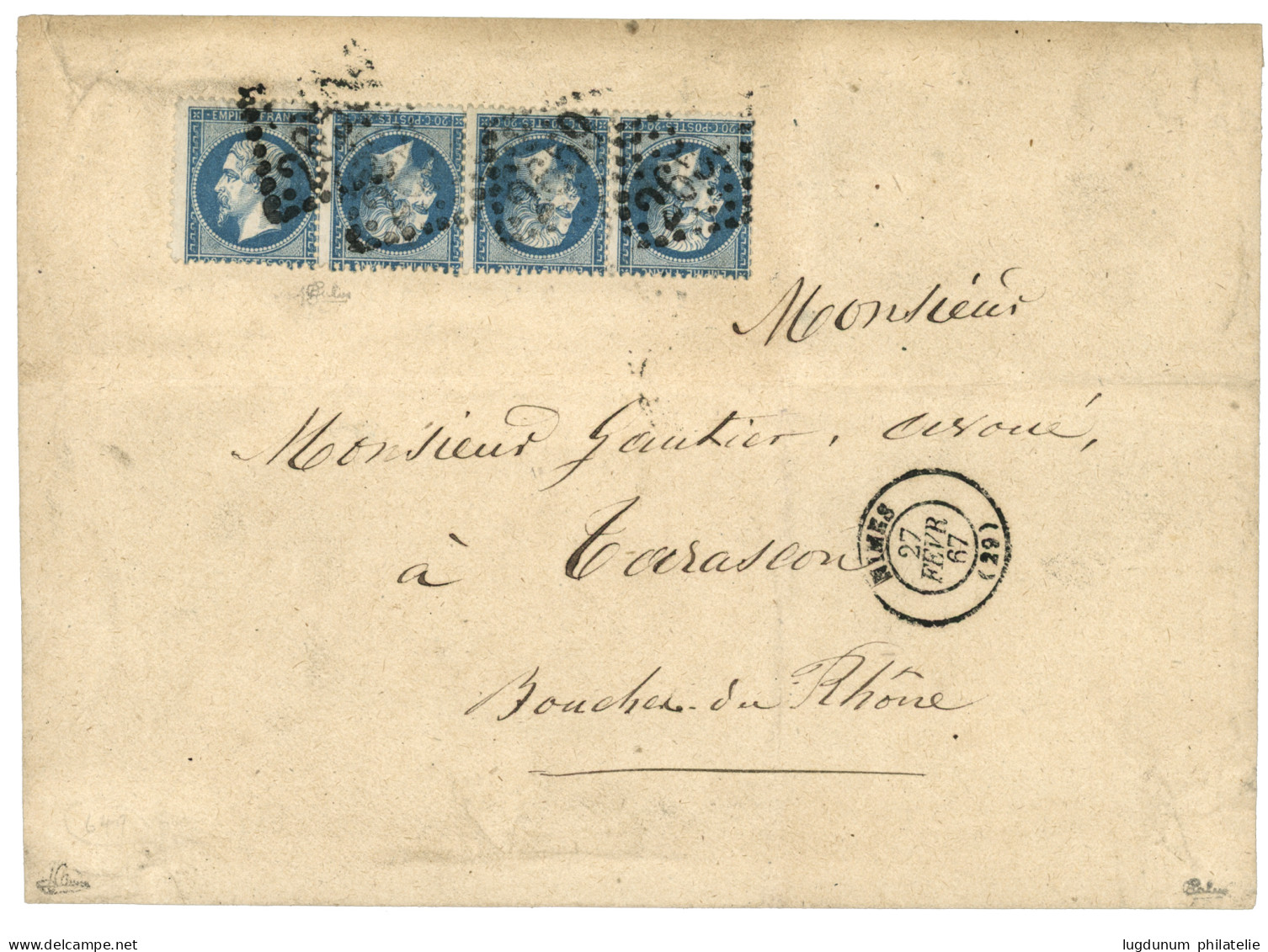 1867 TÊTE-BÊCHE Du 20c (n°22) Dans Une Bande De 4 Obl. GC 2659 + T.15 NIMES Sur Enveloppe Pour TARASCON. Signé BRUN + CA - 1863-1870 Napoléon III Lauré