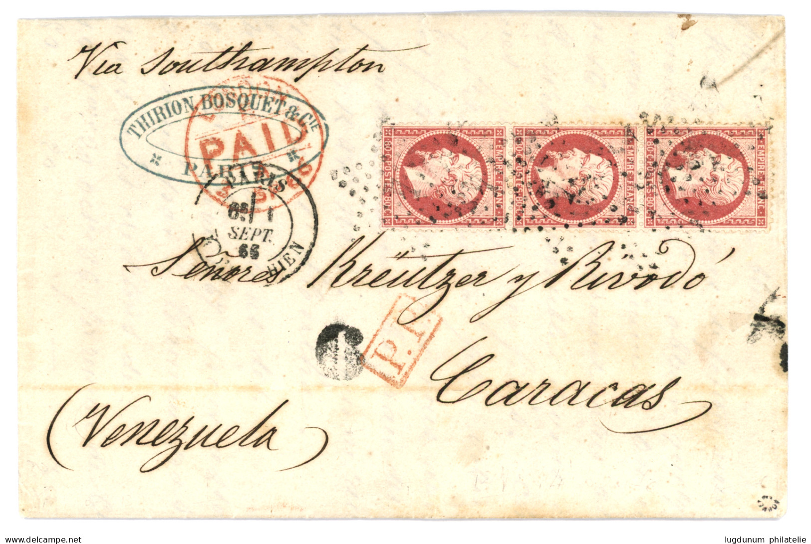 1866 Bande De 3 Du 80c (n°24) Obl. Etoile Sur Lettre De PARIS Pour CARACAS (VENEZUELA). Superbe. - 1863-1870 Napoleon III Gelauwerd