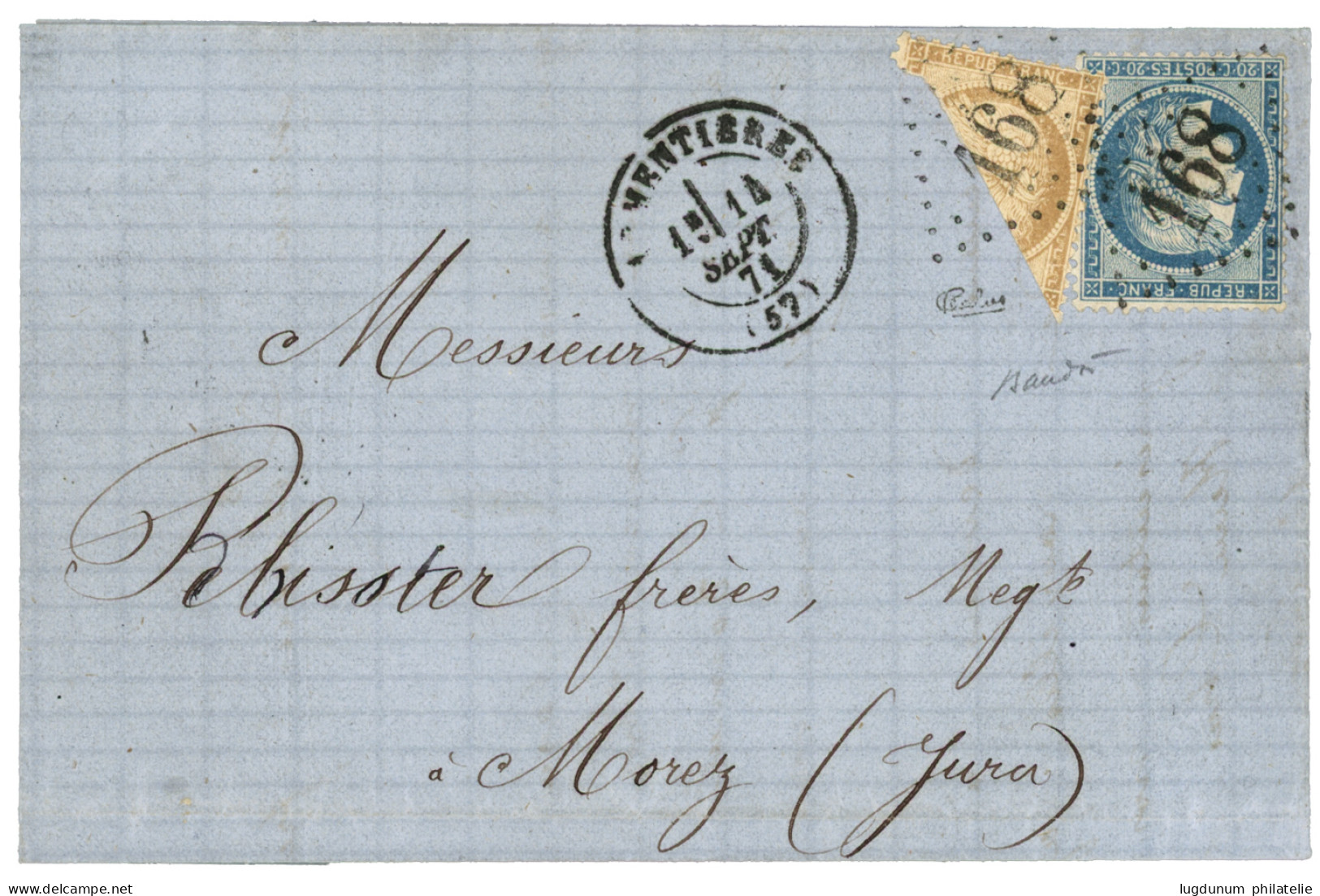 1871 Coupé Du 10c SIEGE (n°36) + 20c (n°37) Obl. GC 168 + T.17 ARMENTIERE Sur Lettre Pour MOREZ. Cote 10 000€. Trés Rare - 1870 Belagerung Von Paris