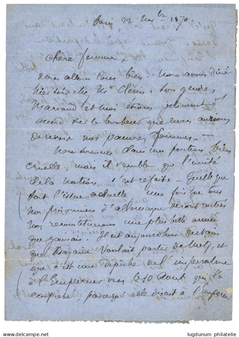 BALLON "LA VILLE D' ORLEANS" - ETOILE 35 : 20c (n°37) Obl. Etoile 35 + PARIS MINISTERE DES FINANCES 22 Nov 70 Sur Lettre - War 1870