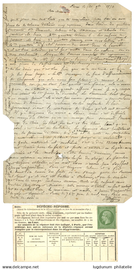 BALLON " LA VILLE D' ORLEANS " : 20c (n°29) + 10c (n°28) Obl. Etoile 5 + PARIS R. DE BONDY 21 Nov 70 Sur Lettre Pour HUY - War 1870