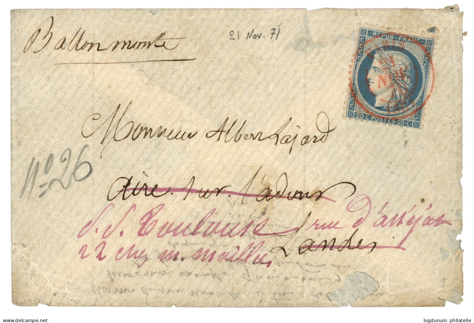 BALLON " LA VILLE D' ORLEANS " : 20c (n°37) Obl. PARIS S.C. Rouge 21 Nov 70 Sur Enveloppe (pd) Pour AIR SUR L' ADOUR (LA - Guerre De 1870