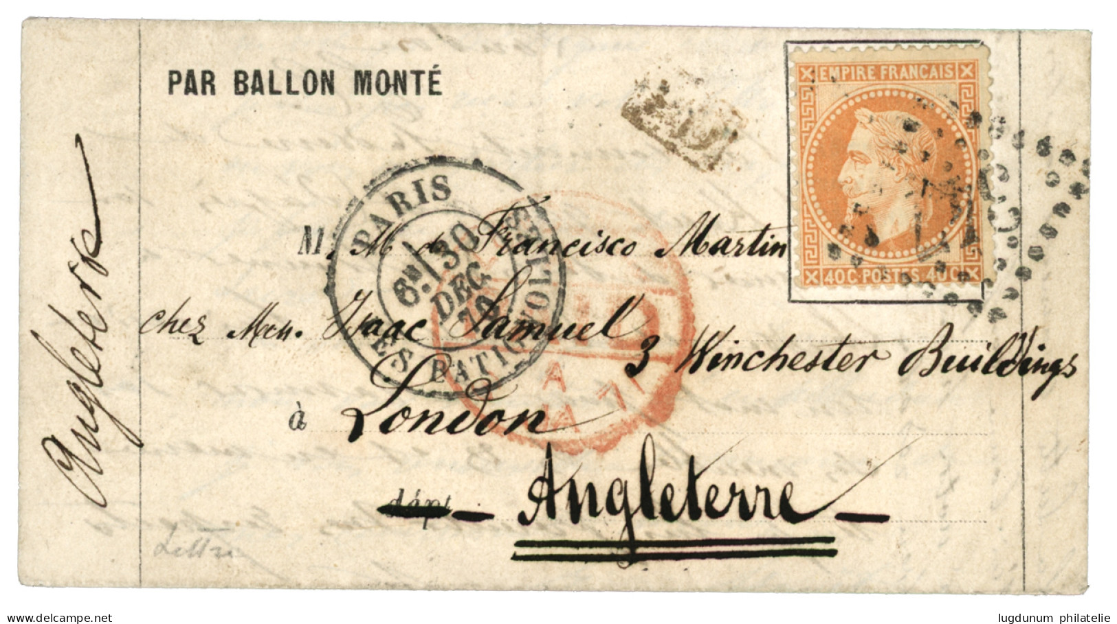 BALLON MONTE : 40c (n°31) Obl. GC 347 + PARIS LES BATIGNOLES Sur BALLON MONTE Pour LONDON (ANGLETERRE) Avec Cachet D' Ar - Krieg 1870