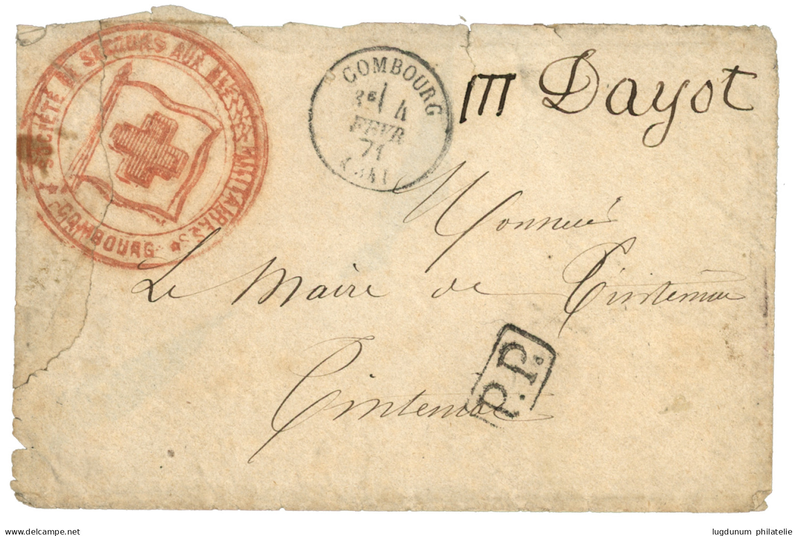 1871 Cachet CROIX-ROUGE  SOCIETE DE SECOURS AUX BLESSES MILITAIRES COMBOURG + T.16 COMBOURG + P.P Sur Lettre (déchirure) - Krieg 1870