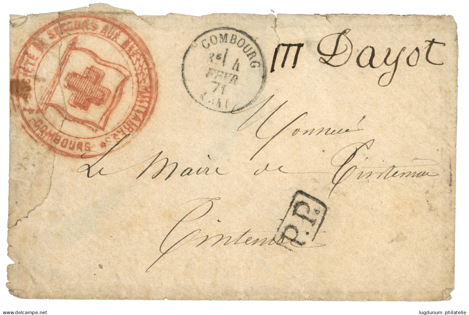 1871 Cachet CROIX-ROUGE  SOCIETE DE SECOURS AUX BLESSES MILITAIRES COMBOURG + T.16 COMBOURG + P.P Sur Lettre (déchirure) - War 1870