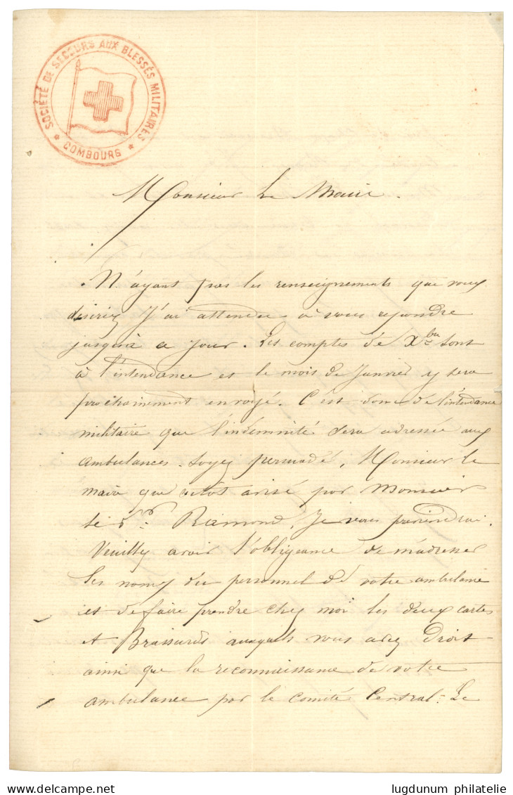 1871 Cachet CROIX-ROUGE  SOCIETE DE SECOURS AUX BLESSES MILITAIRES COMBOURG + T.16 COMBOURG + P.P Sur Lettre (déchirure) - War 1870