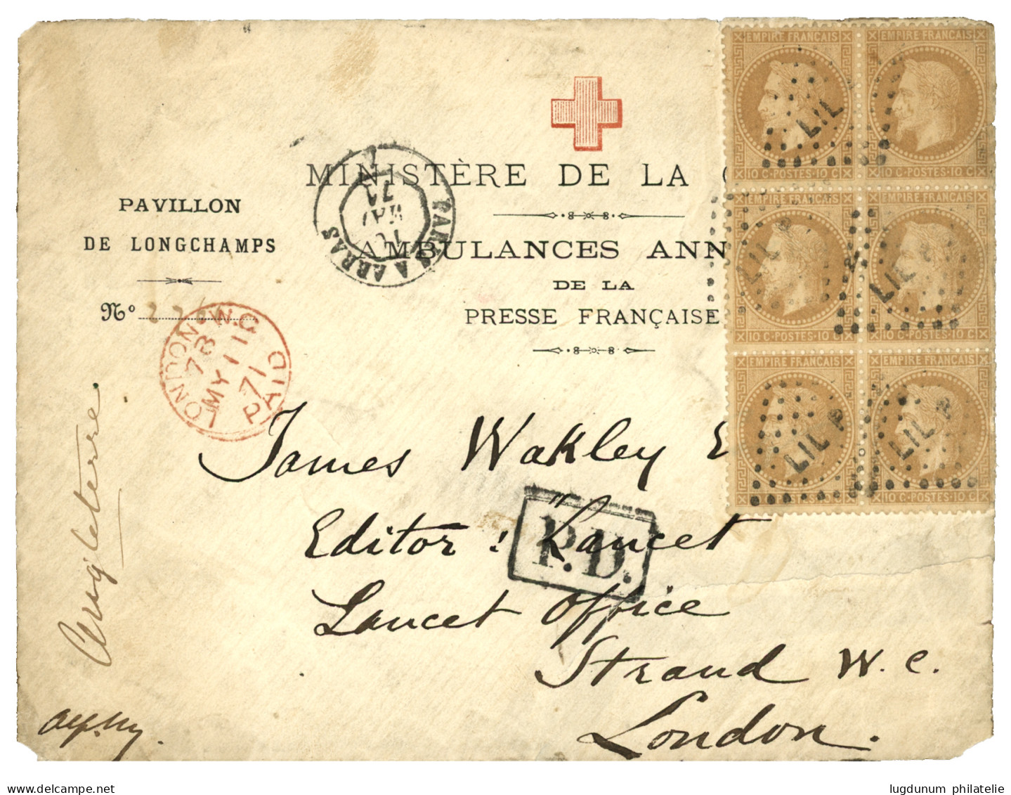 CROIX-ROUGE  AMBULANCE ANNEXE : 1871 Bloc De 6 Du 10c (n°28) Obl. Ambulant LIL P. + PARIS A ARRAS Sur DEVANT D' Envelopp - Guerre De 1870