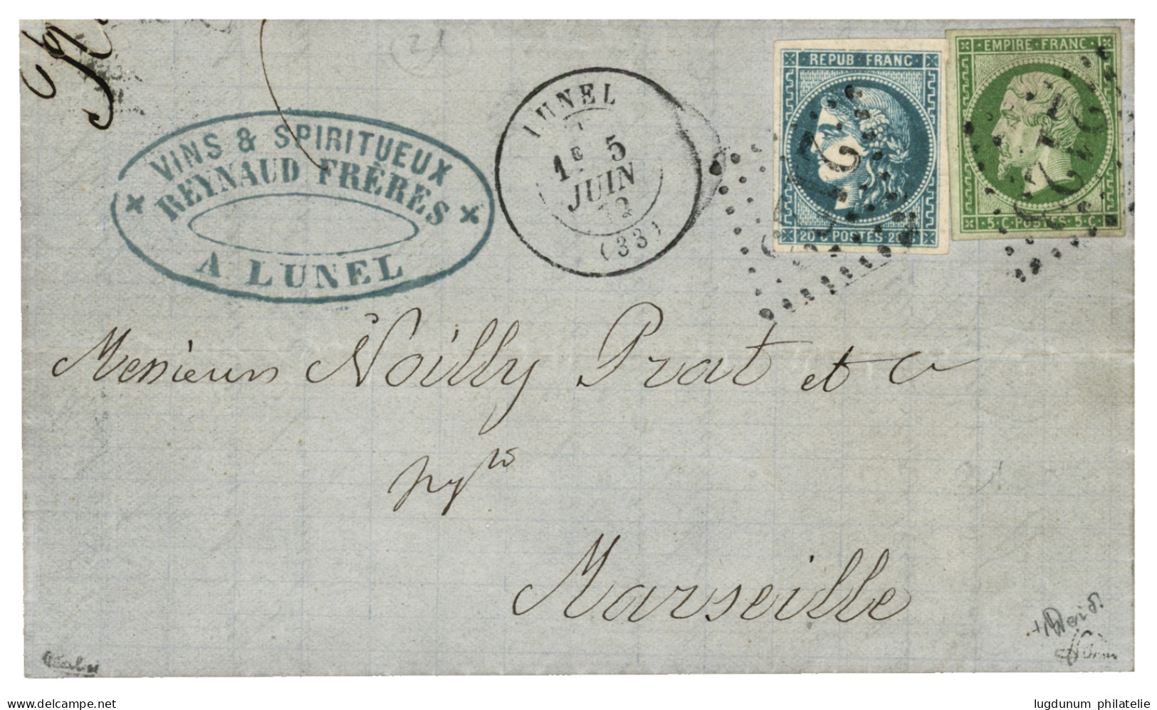 Combinaison émission BORDEAUX / EMPIRE NON DENTELE :  1872 5c Empire (n°12) TB Margé + 20c BORDEAUX (n°46) TB Margé Obl. - 1870 Bordeaux Printing