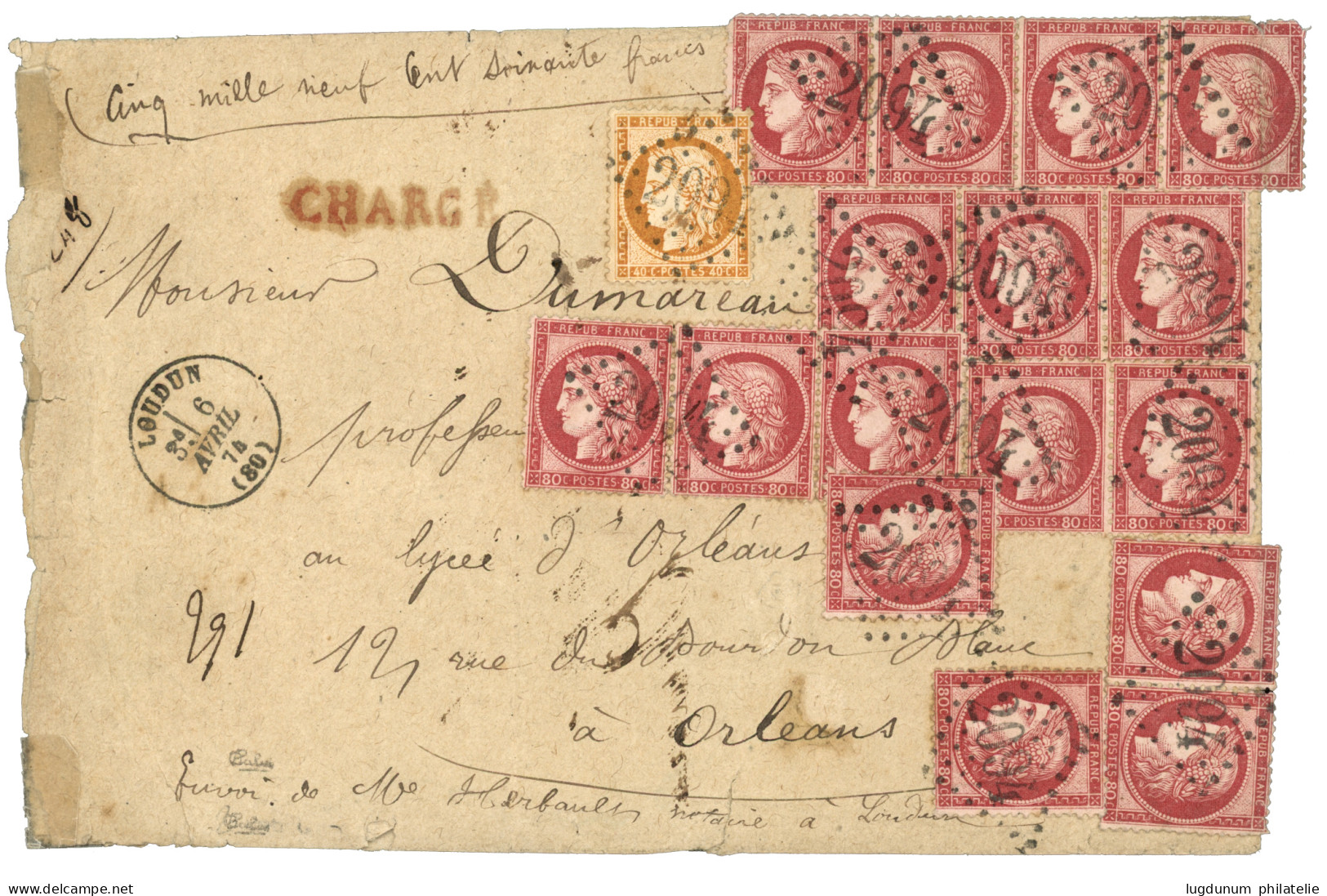 1874 16 Exemplaires Du 80c CERES (n°57) + 40c SIEGE (n°38) Obl. GC 2094 + T.16 LOUDUN Sur Enveloppe CHARGEE (VD=5960F) P - 1871-1875 Cérès