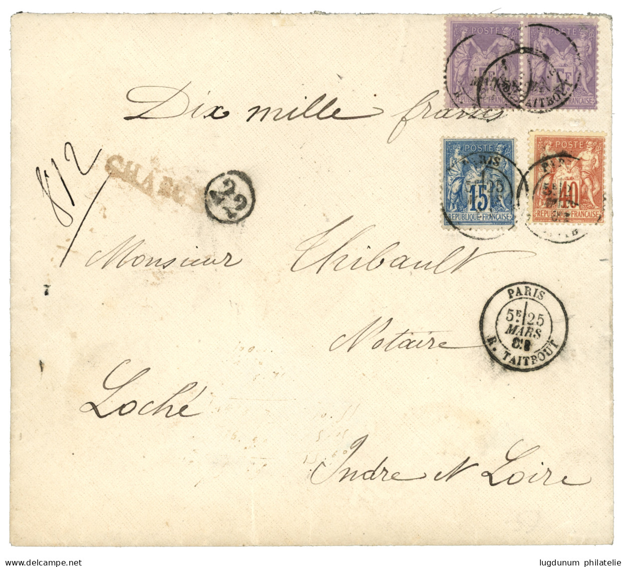 1882 Paire 5F SAGE Violet (n°95) + 15c + 40c Obl. PARIS Sur Enveloppe CHARGEE + "VD= 10000F" Pour LOCHE. TTB. - 1876-1898 Sage (Type II)