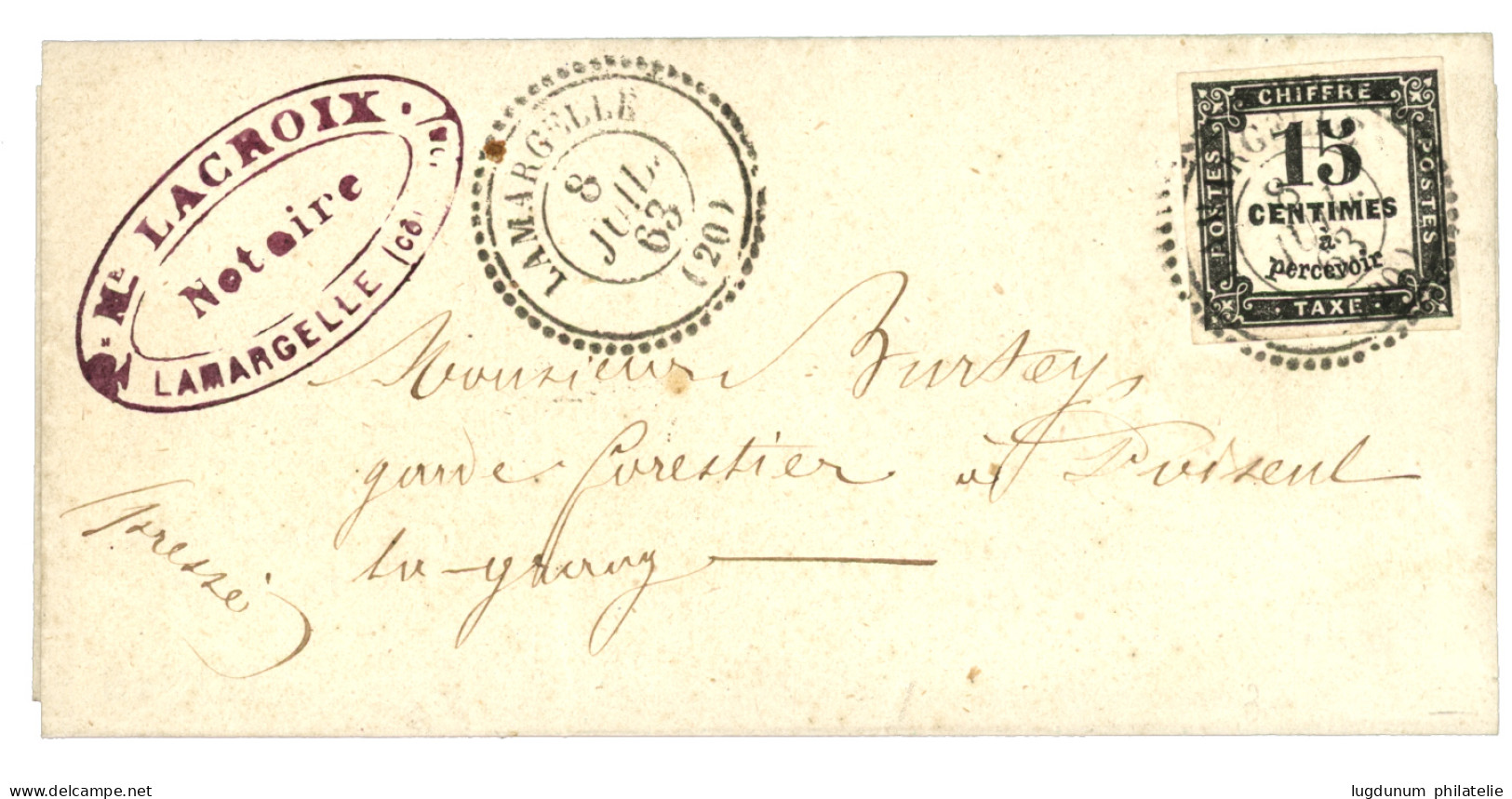 1863 15c TAXE TTB Margé Obl. Cachet Perlé T.22 LAMARGELLE Sur Lettre. Rare Et Superbe. - Autres & Non Classés