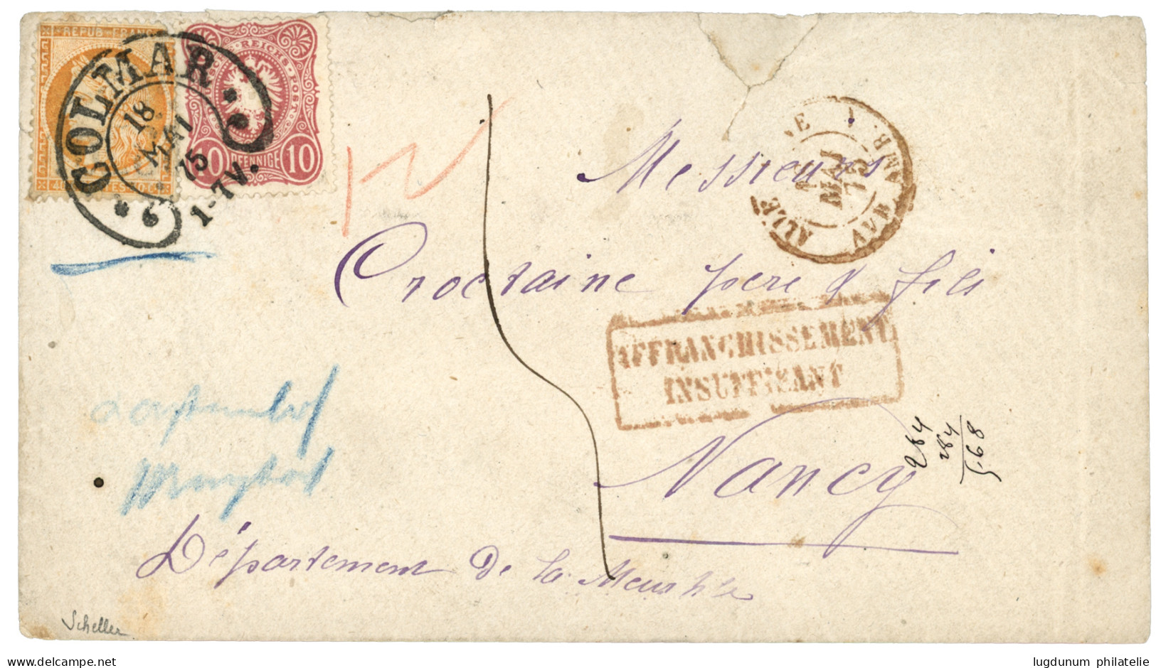 ALSACE-LORRAINE : 1875 Mixte FRANCE 40c Siége (n°38) + ALLEMAGNE 10pf Obl. Cachet Allemand COLMAR + AFFRANCHISSEMENT INS - Andere & Zonder Classificatie