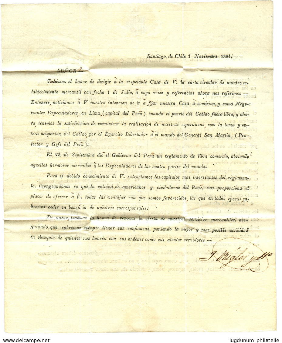 1821 "COLONIE PAR" Manuscrit + 34 ST SERVAN Sur Lettre Avec Texte Daté "SANTIAGO DE CHILE" Pour NANTES. Combinaison Trés - Schiffspost