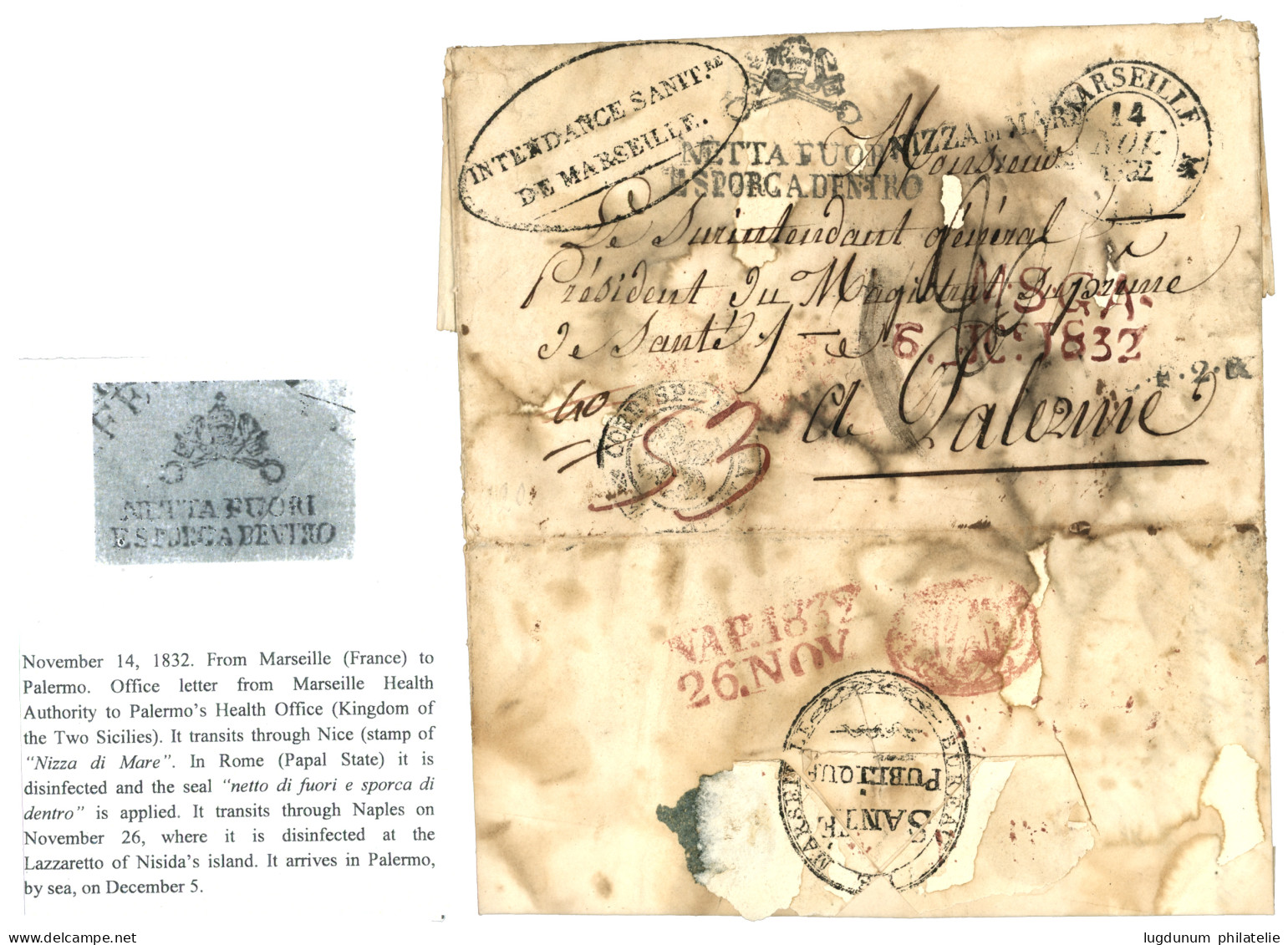 1832 INTENDANCE SANITAIRE DE MARSEILLE + NIZZA DI MARE + Rare Cachet NETTO DI FUORI E SPORCA DI DENTRO Sur Lettre Avec T - Posta Marittima